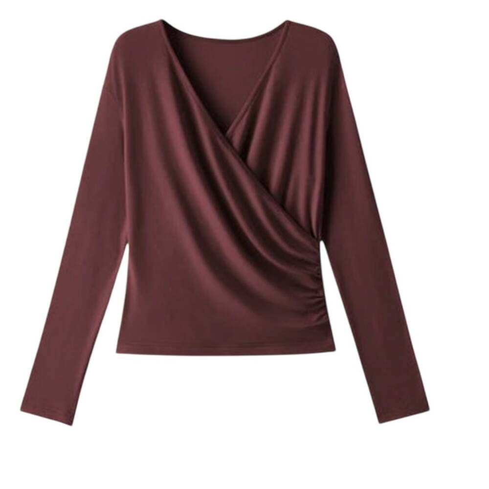 OGL Outerwear Deep Maroon Red NEW Size L Long Sleeve V Neck Surplice Ruched Top